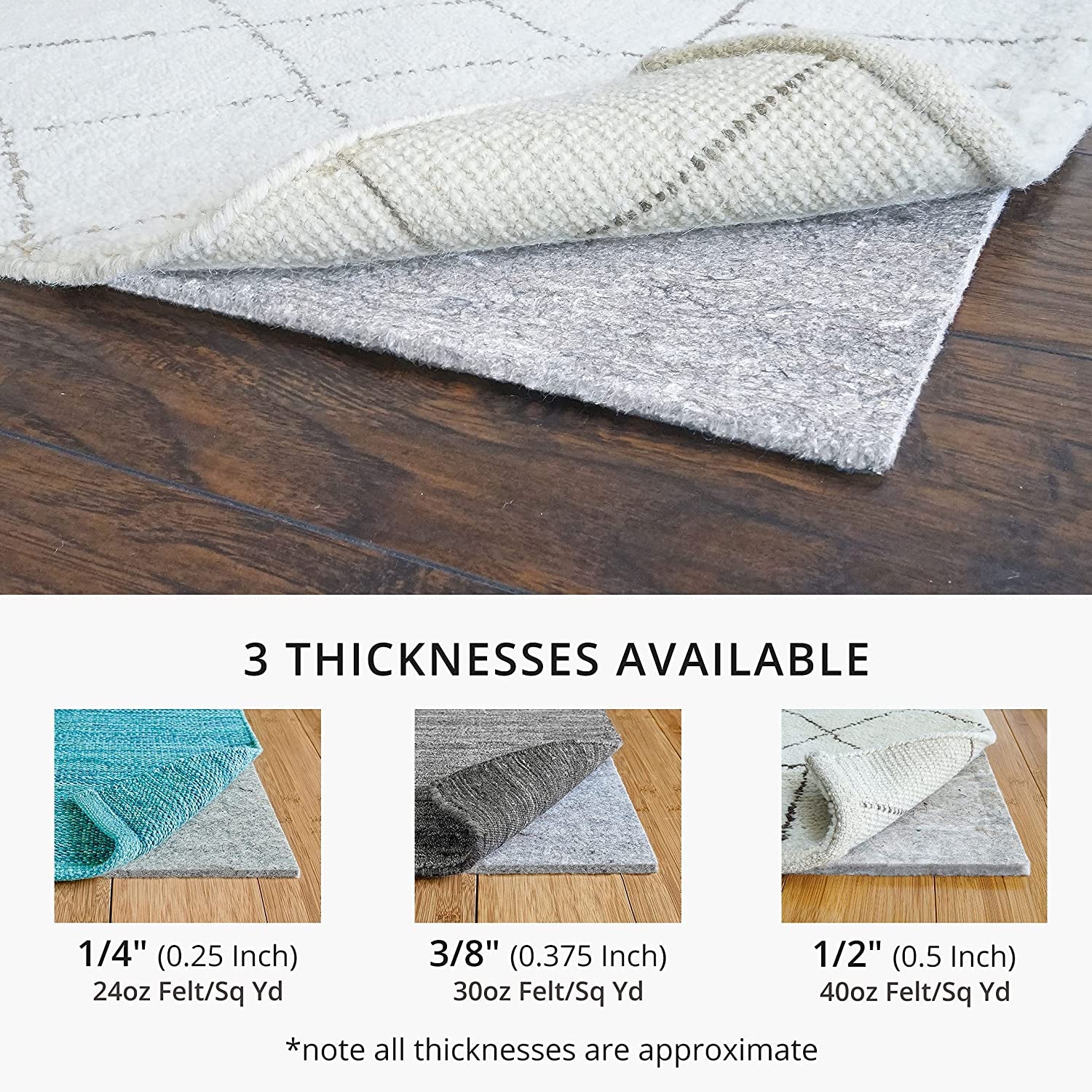 , Basics, 8'X10', 1/4" Thick, 100% Felt, Protective Cushion Rug Pad, Available in 4 Thicknesses, Optional Rubber Backing, Safe for All Floors and Finishes