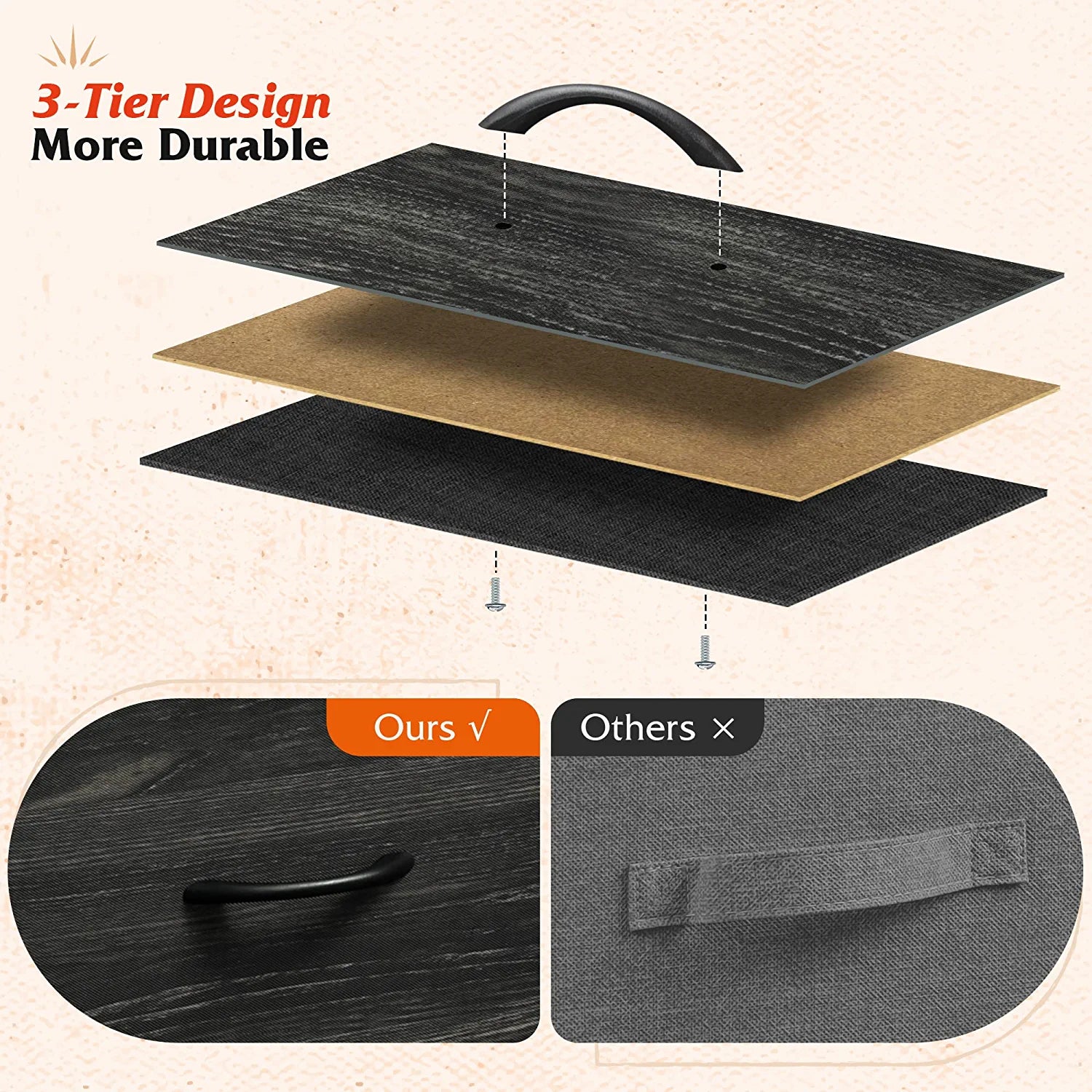Dresser for Bedroom with 5 Drawers, Wide Chest of Drawers, Fabric Dresser, Storage Organizer Unit with Fabric Bins for Closet, Living Room, Hallway, Nursery, Charcoal Black Wood Grain Print