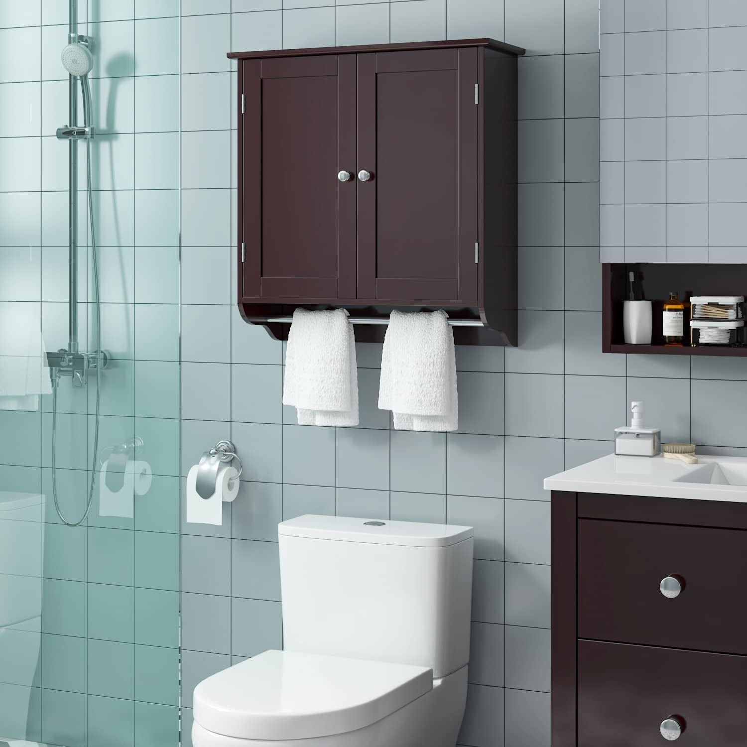 Bathroom Wall Cabinet, over the Toilet Space Saver Storage Cabinet, Medicine Cabinet with 2 Doors Cupboard with Adjustable Shelf and Towels Bar, Dark Brown