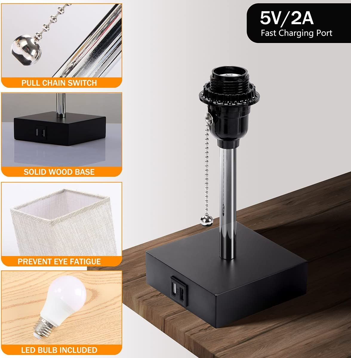 Bedside Table Lamp - Pull Chain Table Lamp with 2 USB Charging Ports, Solid Bedroom Lamps with Gray Fabric Shade Nightstand Light for Living Room, Office, Reading (LED Bulb Included)