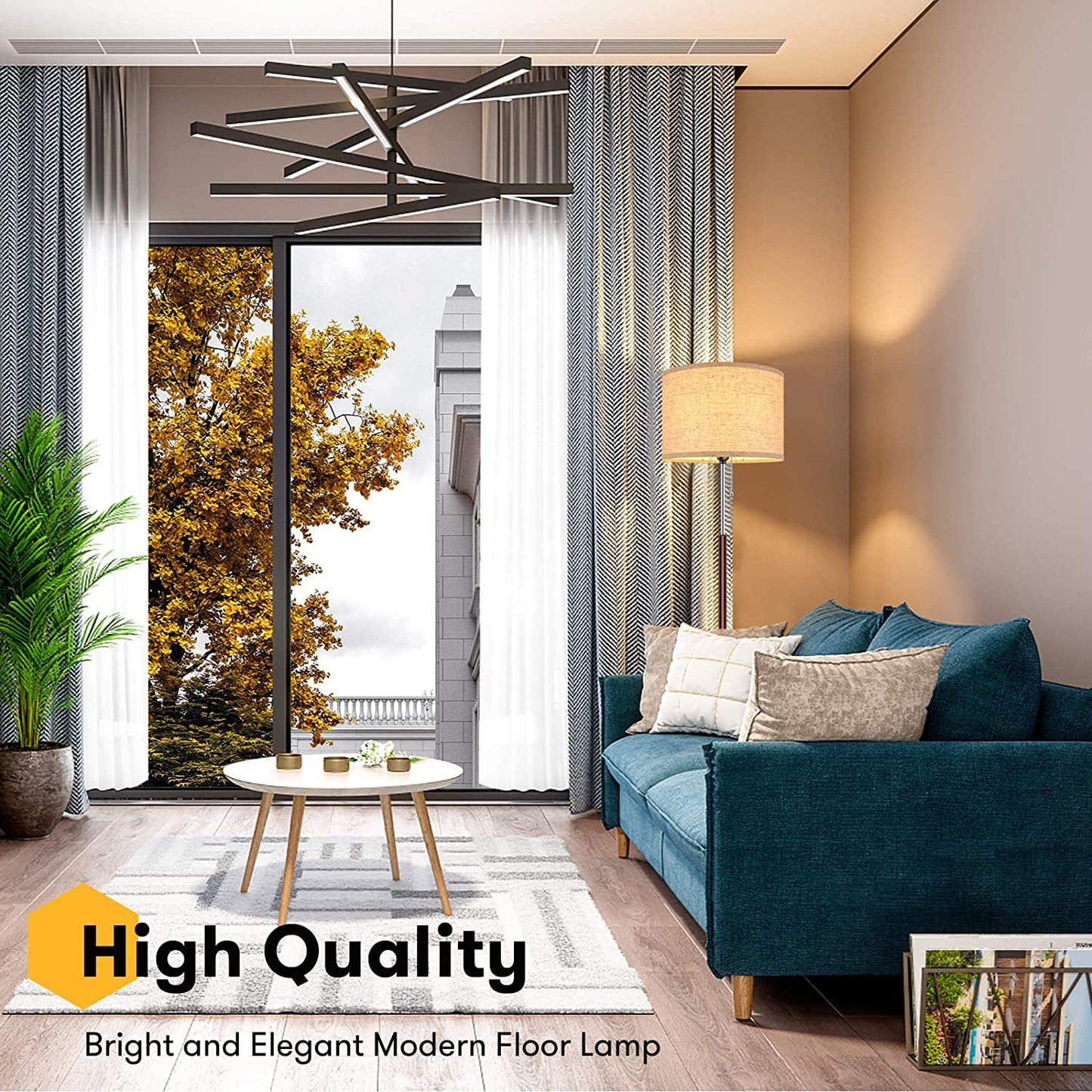 Modern Floor Lamp for Bedroom - Stand up Reading Lamps for Living Room, Contemporary Office Lighting with Beige Drum Fabric Shade, Farmhouse Pole Lamp, Corner Tall Standing Lamp Kids-Pull Chain