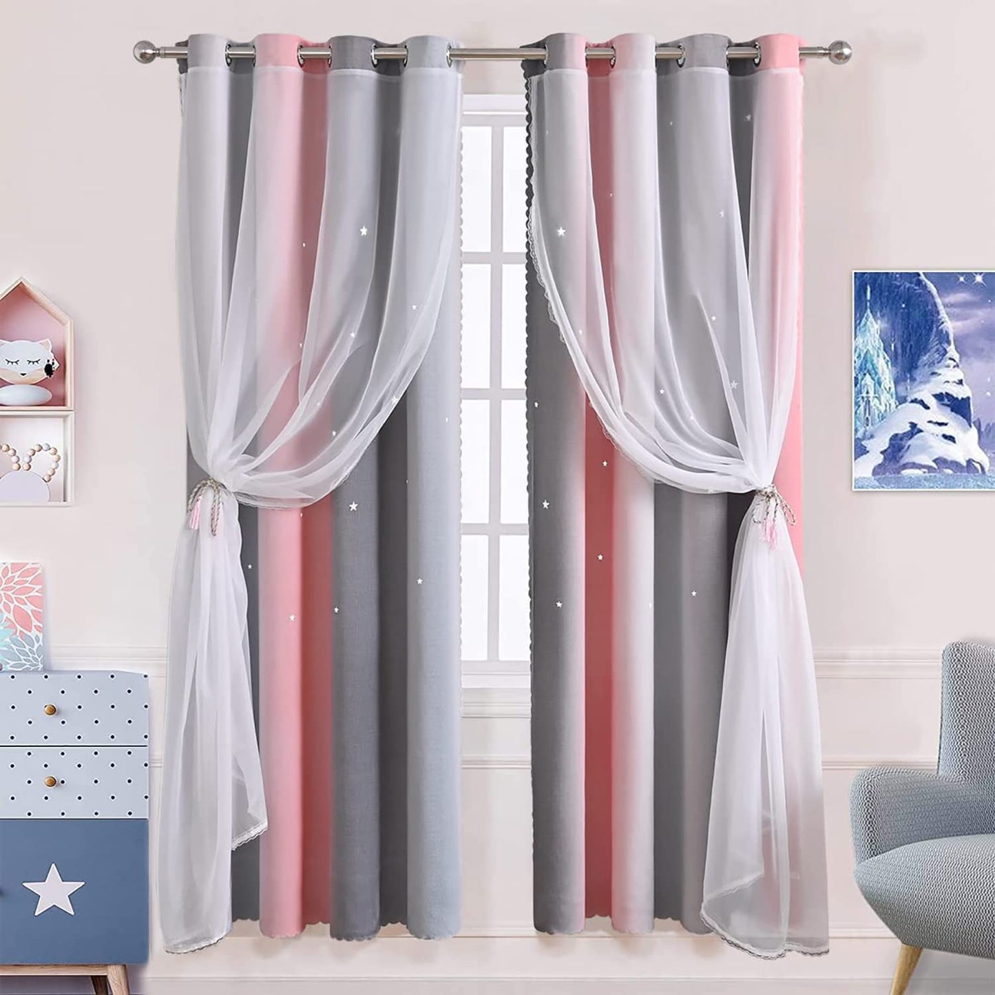 2 Panels Star Curtains for Girls Kids Bedroom, Light Blocking Princess Star Cut Out Curtain, Colorful Striped Voile Double Layer Window Curtain for Girls Room (52W X 63L, Pink/Grey)