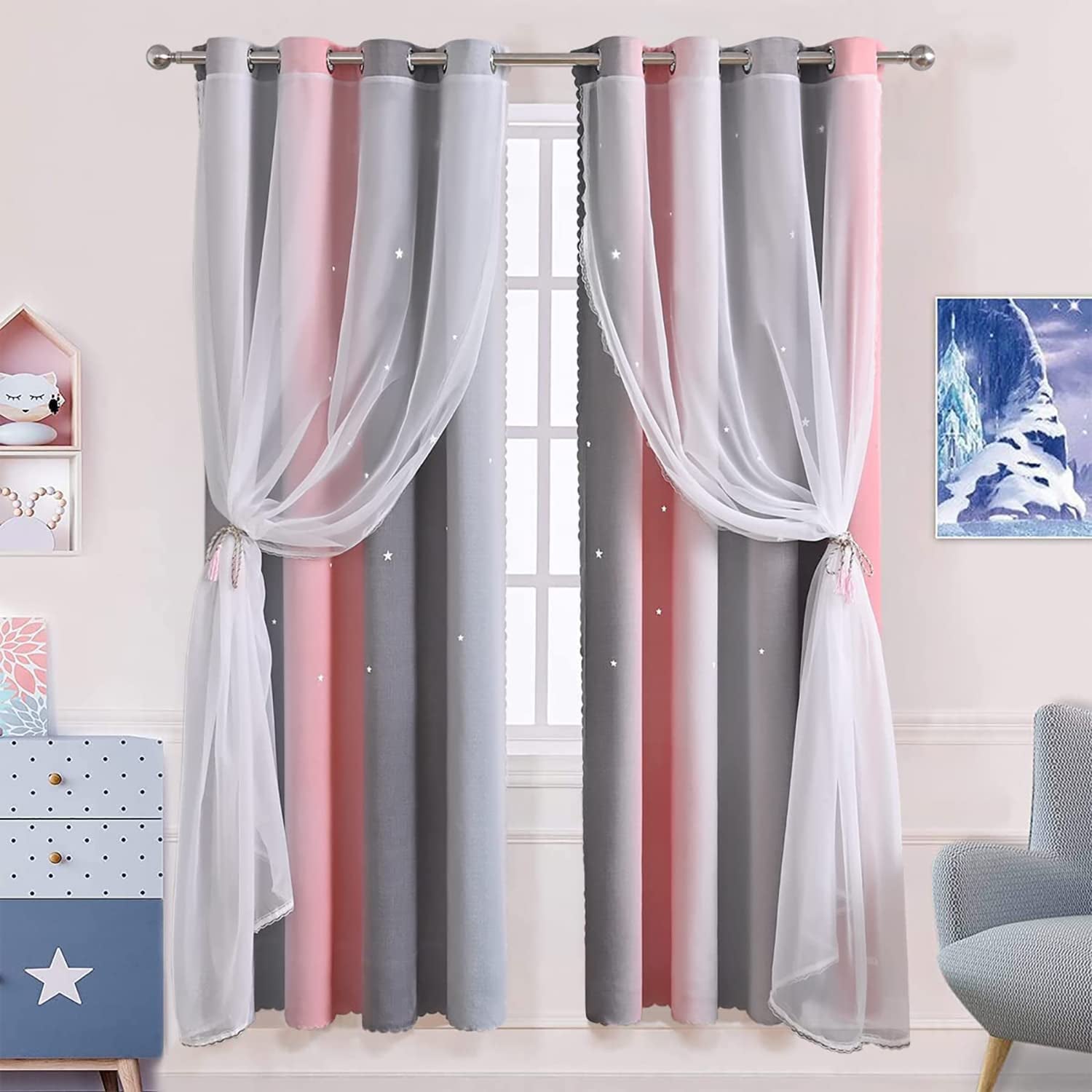 2 Panels Star Curtains for Girls Kids Bedroom, Light Blocking Princess Star Cut Out Curtain, Colorful Striped Voile Double Layer Window Curtain for Girls Room (52W X 63L, Pink/Grey)