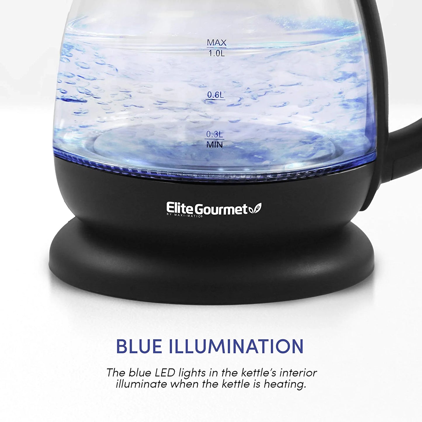 EKT1001B Electric 1.0L Bpa-Free Glass Kettle Cordless 360° Base, Stylish Blue LED Interior, Handy Auto Shut-Off Function – Quickly Boil Water for Tea & More, Graphite Black