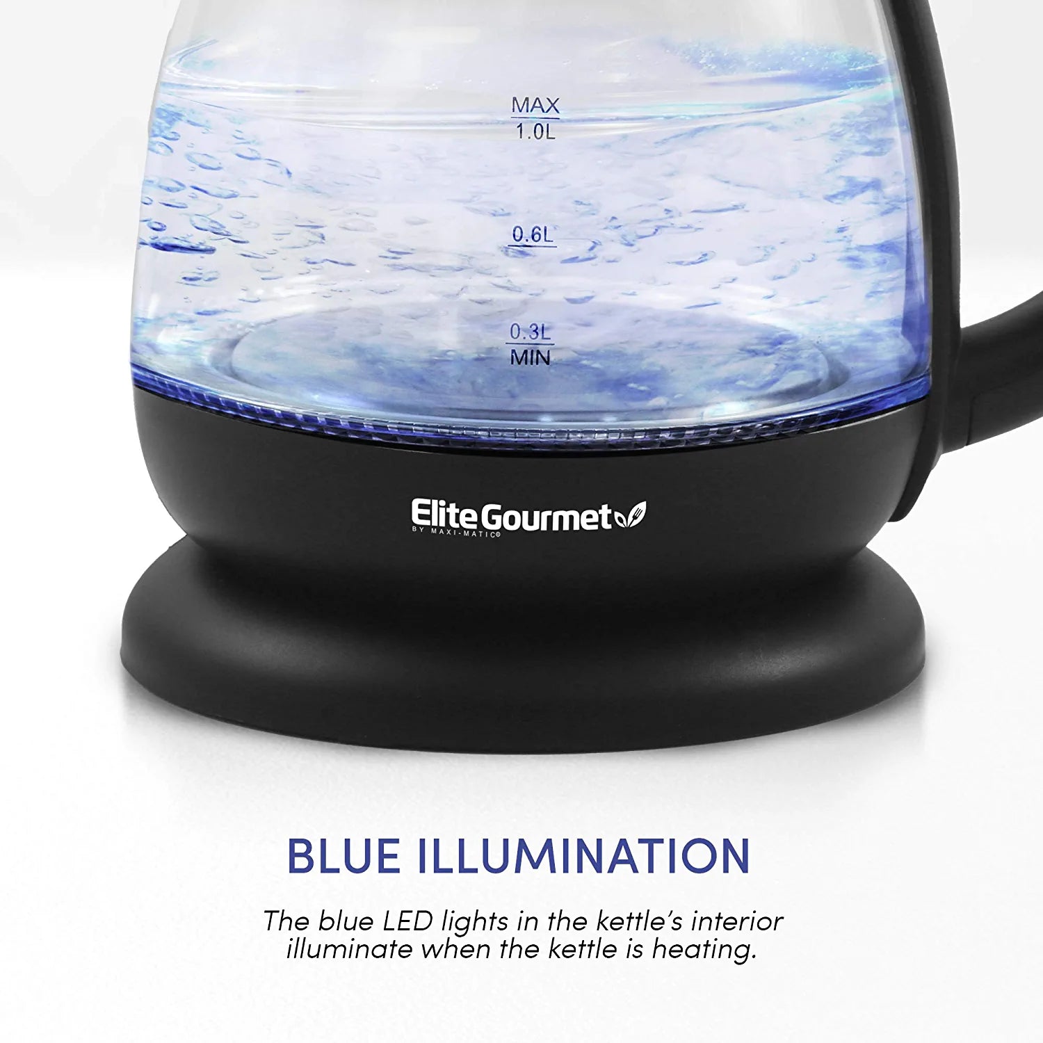 EKT1001B Electric 1.0L Bpa-Free Glass Kettle Cordless 360° Base, Stylish Blue LED Interior, Handy Auto Shut-Off Function – Quickly Boil Water for Tea & More, Graphite Black