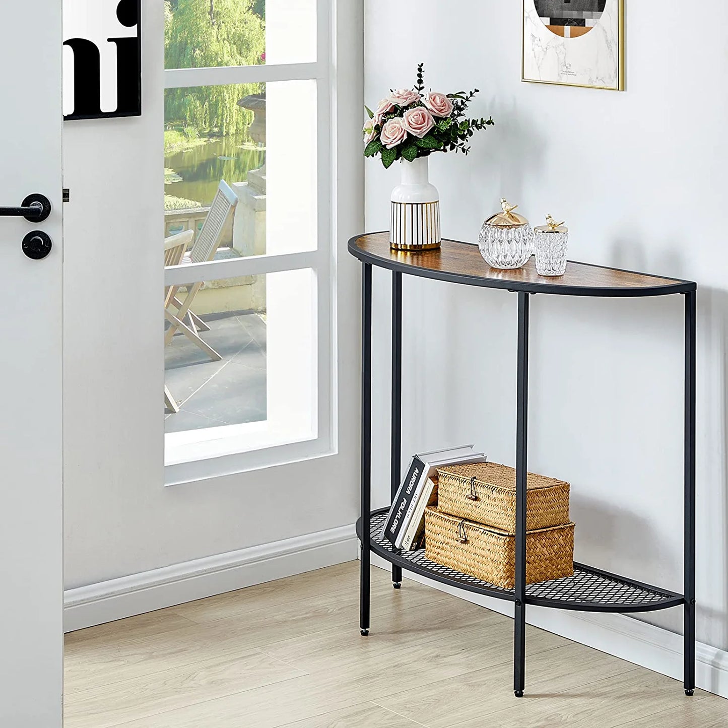 Console Table 2 Tier Narrow Entryway Table with Storage Shelves Half Moon Sofa Couch Table Industrial Small Entry Way Tables for Living Room Bedroom Hallway Office Easy Assembly, Walnut Black