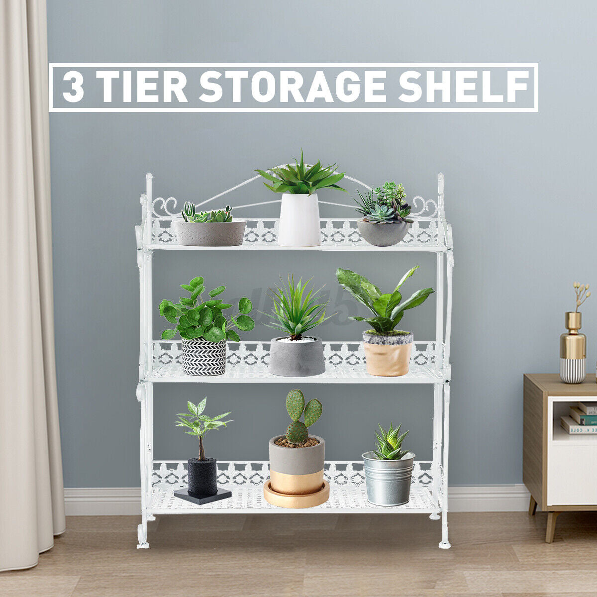 3 Tier White Foldable Metal Rack Storage Book Shelves Holder Kitchen Shelf RACK