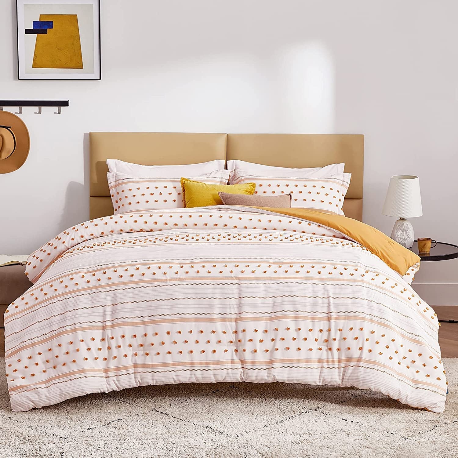 Bedsure Yellow Comforter Set King - Boho Mustard Bedding King , Reversible White Striped Tufted Farmhouse Comforter Sets (102X90 Inches, 3 Pieces)