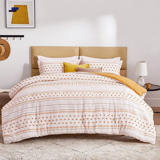 Bedsure Yellow Comforter Set King - Boho Mustard Bedding King , Reversible White Striped Tufted Farmhouse Comforter Sets (102X90 Inches, 3 Pieces)