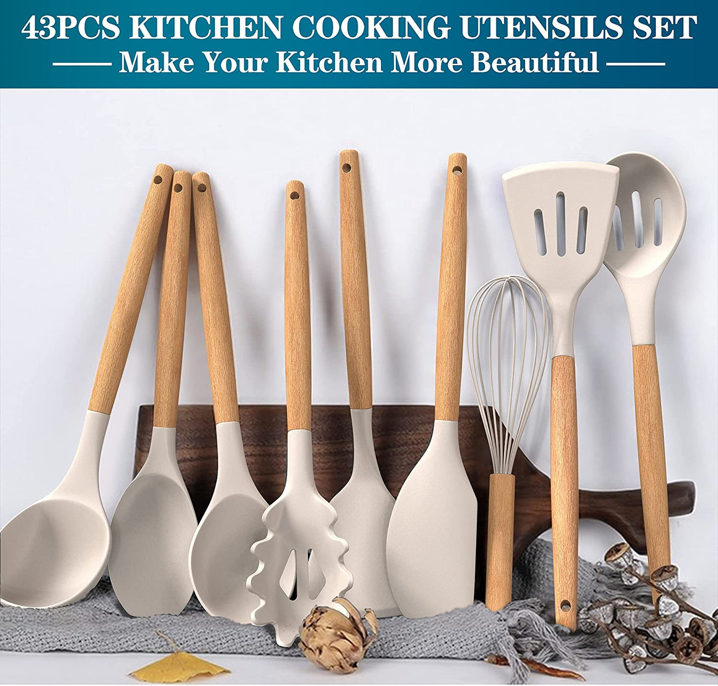 Silicone Cooking Utensils Set, 43Pcs Non-Stick Heat Resistant Kitchen Utensils Spatula Set with Wooden Handle for Baking, Cooking, and Mixing, Best Kitchen Gadgets Tools with Holder (Khaki)