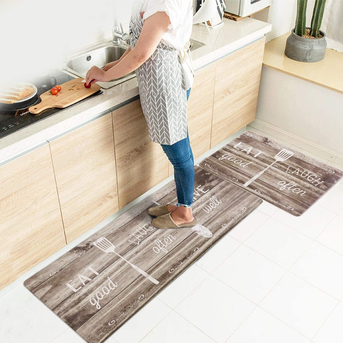 Kitchen Rug Set, Kitchen Floor Mats 2 Piece PVC Leather anti Fatigue Comfort Heavy Duty Standing Mat Waterproof Oil Proof Non-Skid Rubber Back Washable Doormat Bathroom Area Rug Carpet
