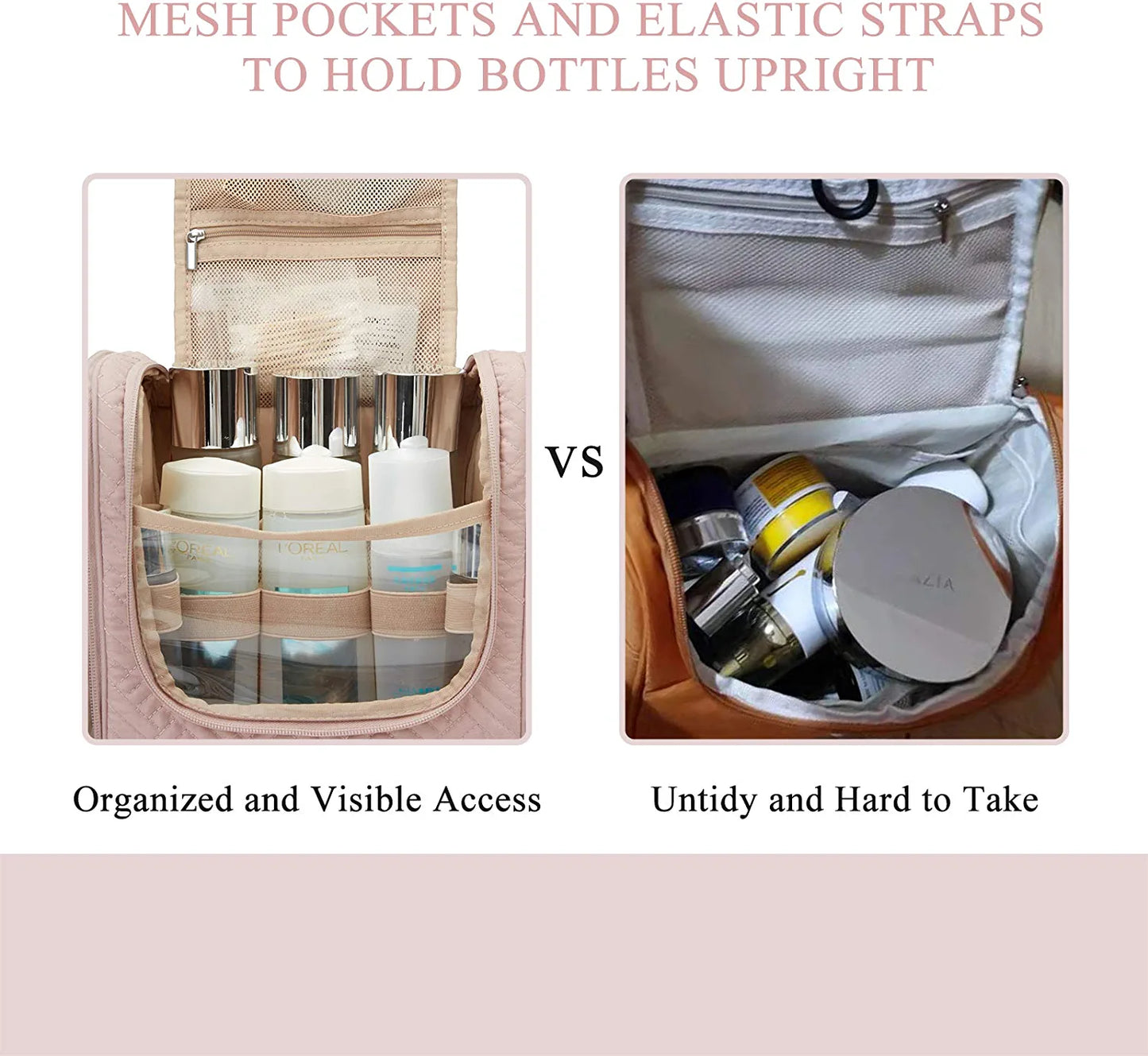 Toiletry Bag, Travel Toiletry Organizer with Hanging Hook, Water-Resistant Cosmetic Makeup Bag Travel Organizer for Shampoo, Full Sized Container, Toiletries, Pink