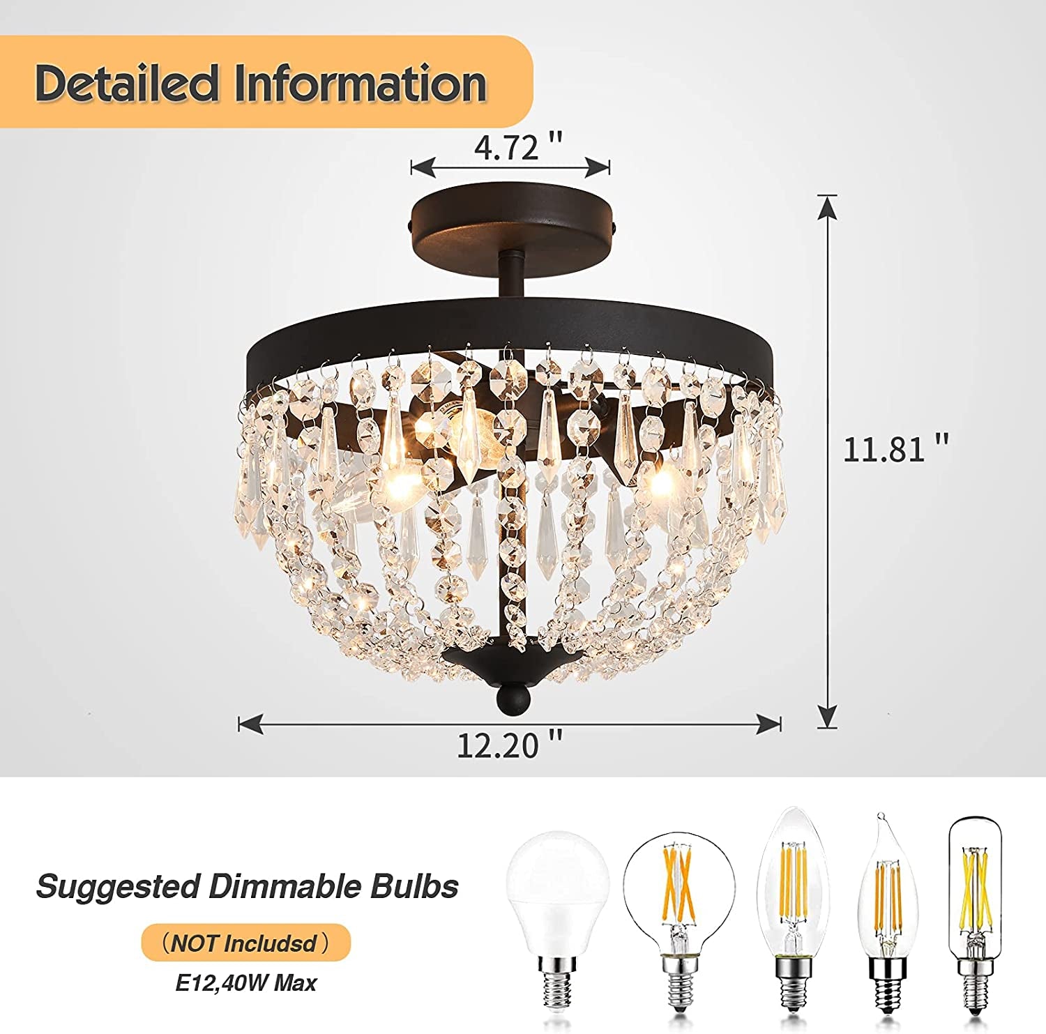 3-Light Semi Flush Mount Ceiling Light，Black Antique Modern Crystal Chandelier Fixture，Ceiling Lighting for Closet Bedroom Hallway Kitchen Dining Room Bathroom