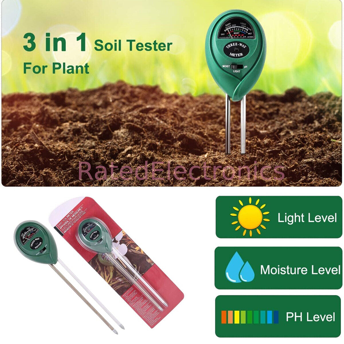 3 in 1 Soil Moister Tester Water Ph Light Test Meter Kit Gardening Grass Plants