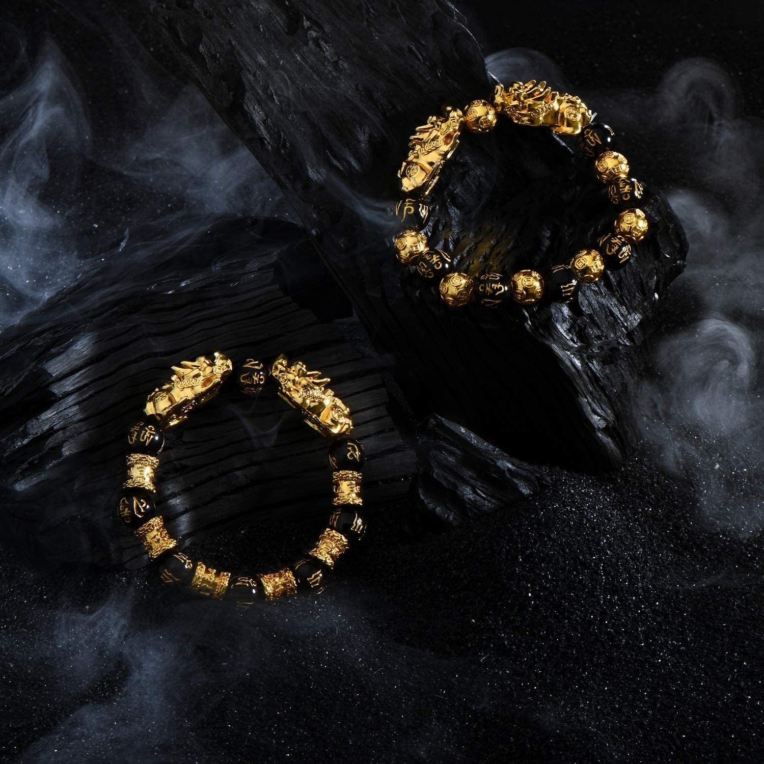2 Pieces 12 Mm Feng Shui Bead Bracelet Chinese Bracelet with Hand Carved Black Amulet Bead Bracelet for Attracting Wealth and Good Luck