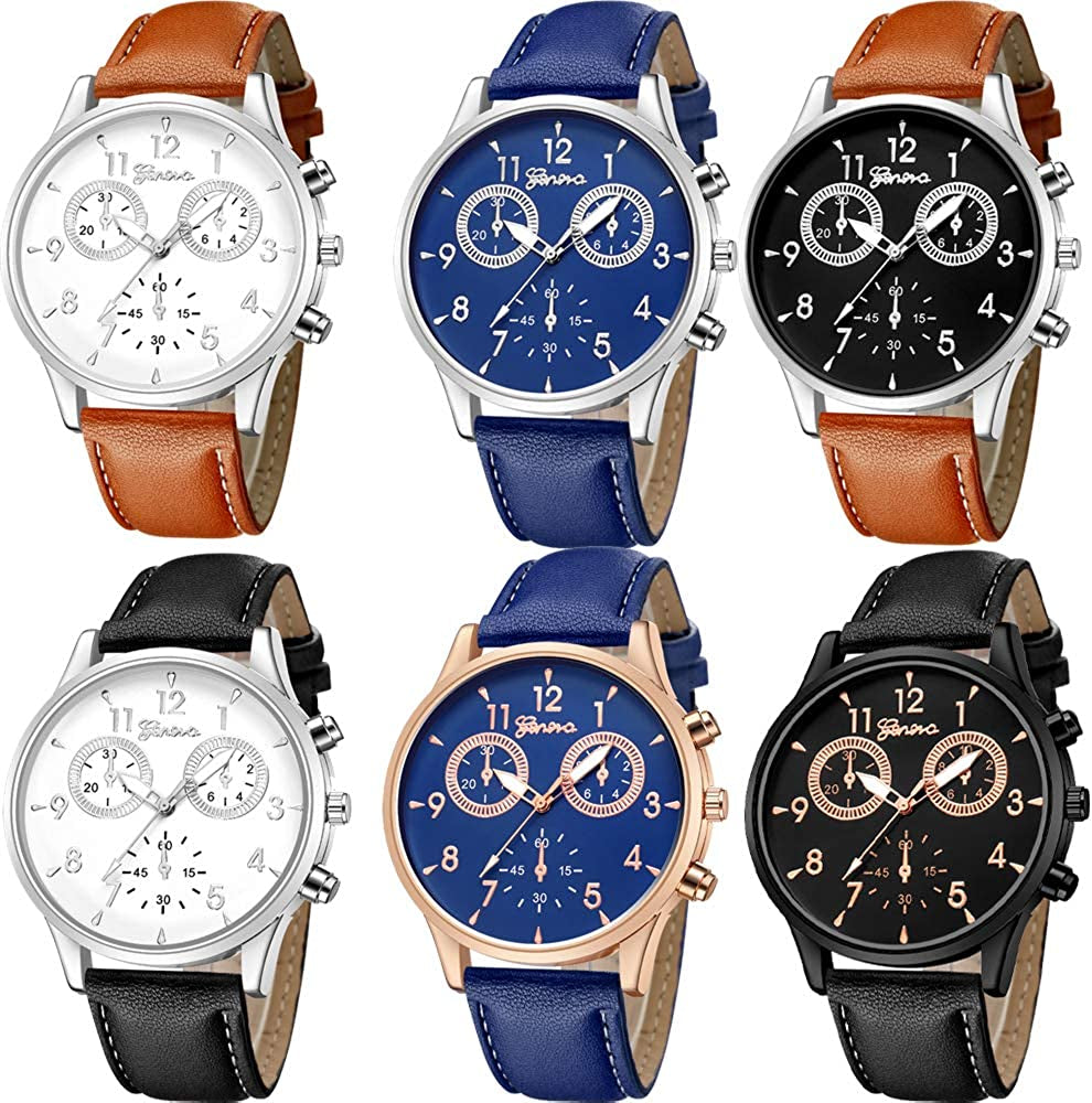 6 Pack Men'S Leather Quartz Watch Geneva Boys Casual Dress Wrist Band Watches Wholesale Lots Set