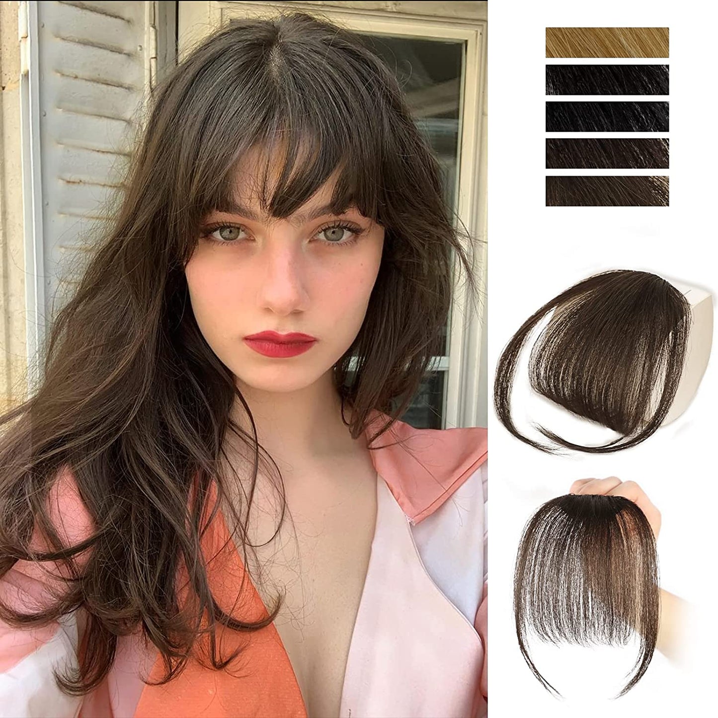 Clip in Bangs for Women 100% Human Hair Extensions Wispy Bangs Fringe with Temples Hairpieces Air Bangs Flat Bangs Clip Curved Bangs for Daily Wear (Light Brown)