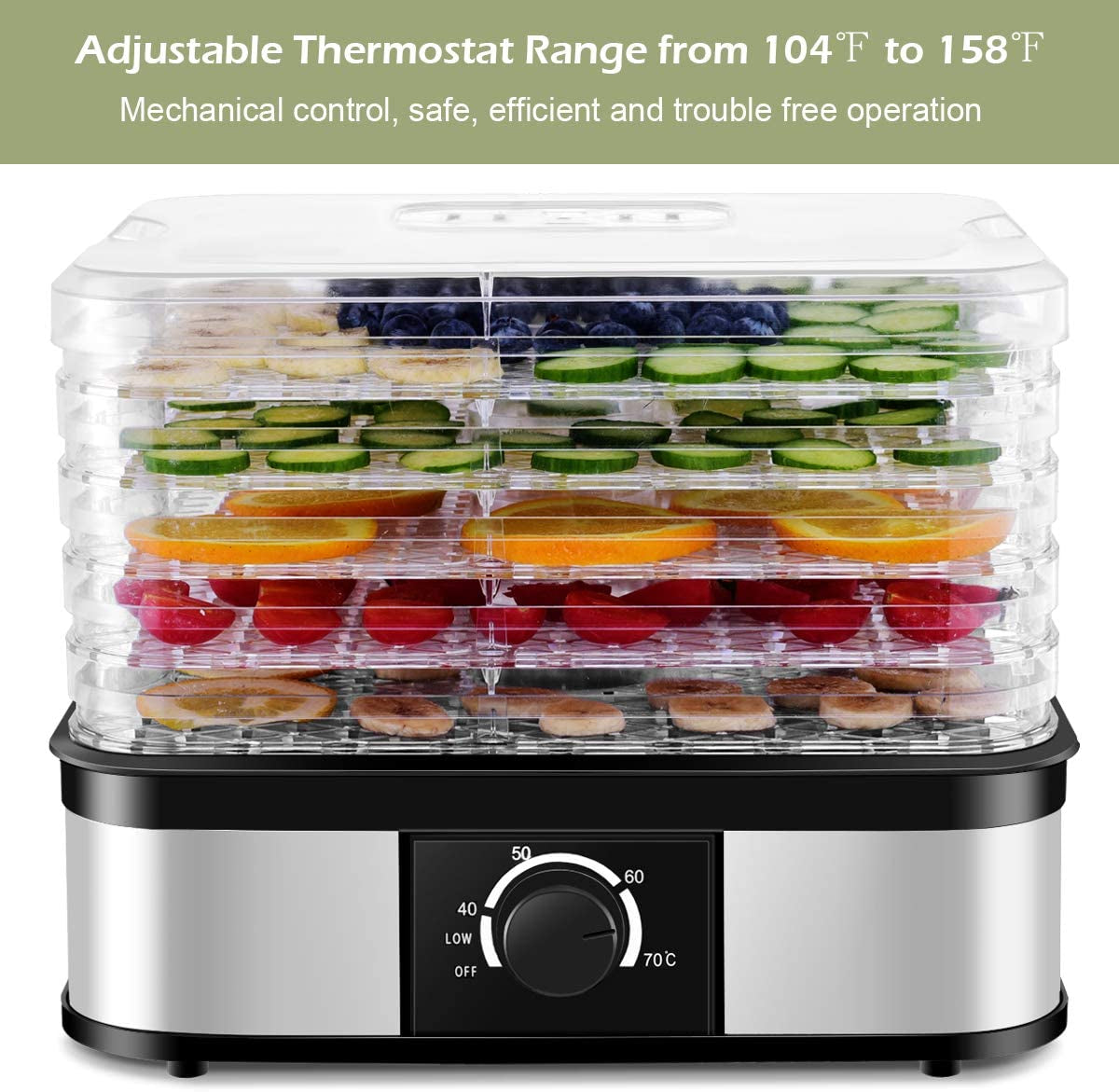Food Dehydrator, Electric 5-Tire Fruit Vegetable Dryer with Adjustable Temperature Control from 104?-158?, 5 Stackable Drying Trays (Knob Adjustment)