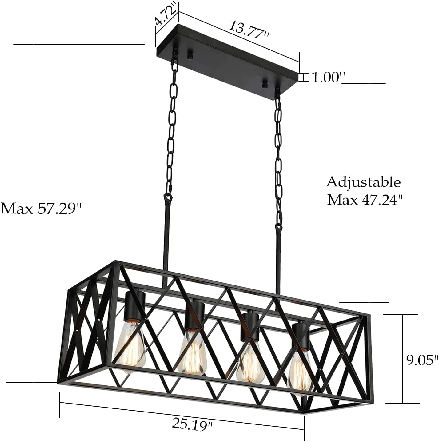 Kitchen Island Lighting Farmhouse Chandelier, 4-Lights Dining Room Light Fixtures 25.19'' Industrial Black Metal Rustic Rectangular Chandeliers for Living Room Bedroom Foyer Hallway Restaurant
