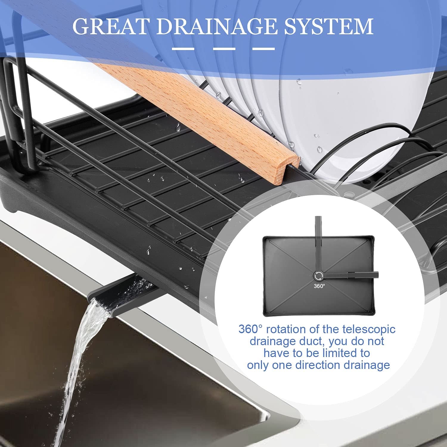 Dish Drying Rack, Dish Rack for Kitchen Counter, Rust-Proof Dish Drainer with Drying Board and Utensil Holder for Kitchen Counter Cabinet, 16.6” L× 12.6”W× 7.8”H, Black