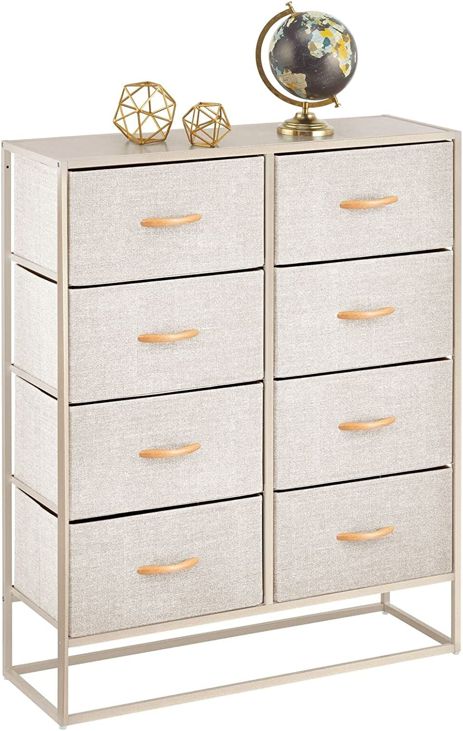 Wide Modern 8-Drawer Dresser Storage Unit, Sturdy Steel Frame, Wood Top, Easy-Pull Wood Handles/Fabric Bins, Organizer for Bedroom, Hallway, Entryway, Closet, Margo Collection, Cream/Gold