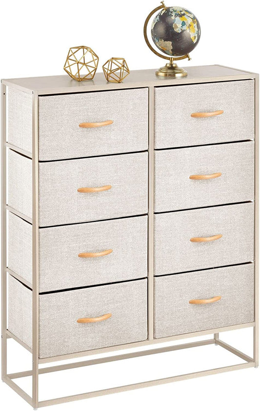 Wide Modern 8-Drawer Dresser Storage Unit, Sturdy Steel Frame, Wood Top, Easy-Pull Wood Handles/Fabric Bins, Organizer for Bedroom, Hallway, Entryway, Closet, Margo Collection, Cream/Gold