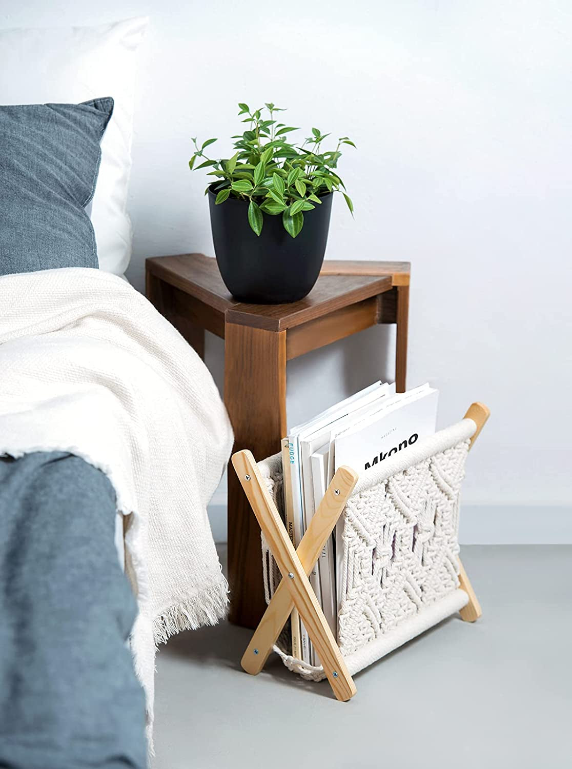 Macrame Magazine Rack Boho Magazine Holder Storage Standing Basket for Books, Newspapers, Swaddle Blanket, Living Room, Bathroom, Office, Nursery, Home Decor, Medium Size, 14’’L X 10’’W