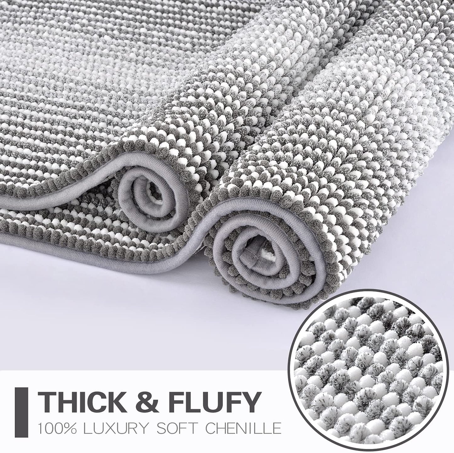 Bathroom Rugs and Mats Sets, 2 Piece Thick Absorbent Chenille Bath Mat Rug Set Non Slip, Soft Shaggy Bath Room Floor Mats for Bathroom, Machine Washable (20" X 47" plus 16" X 24", Gray)