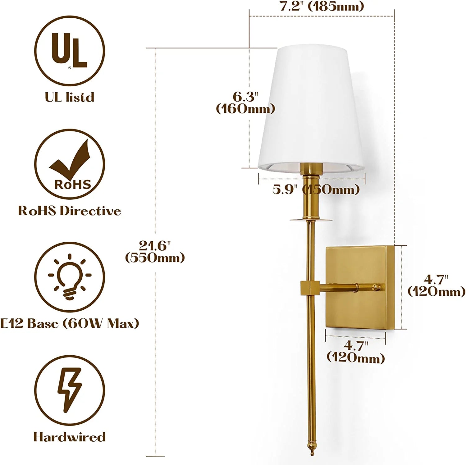 Wall Sconces Set of 2, Dimmable Sconces Wall Lighting, Classic Hardwired Indoor Brushed Gold Metal Sconce Lights with Fabric Shades (Bulb and Switch Not Included)