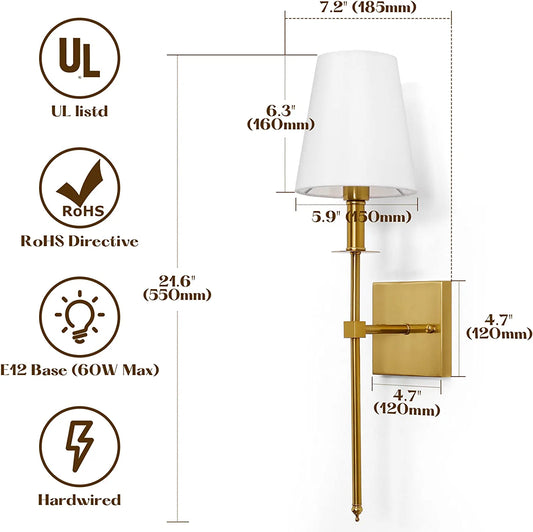 Wall Sconces Set of 2, Dimmable Sconces Wall Lighting, Classic Hardwired Indoor Brushed Gold Metal Sconce Lights with Fabric Shades (Bulb and Switch Not Included)