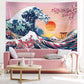 The Great Wave Tapestry Japanese Ocean Wave Wall Decorations Cherry Blossom Tree Backdrop Sunset Tapestry Wall Hanging Kanagawa Tapestry for Japanese Party Home Decorations (59 X 78.7 Inch)