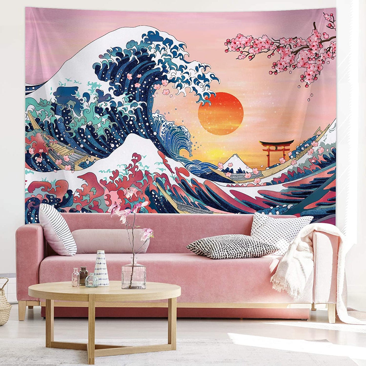The Great Wave Tapestry Japanese Ocean Wave Wall Decorations Cherry Blossom Tree Backdrop Sunset Tapestry Wall Hanging Kanagawa Tapestry for Japanese Party Home Decorations (59 X 78.7 Inch)