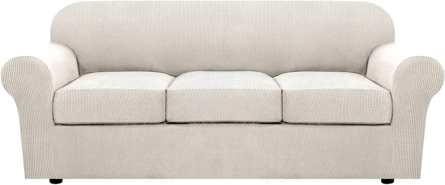 4 Piece Stretch Sofa Covers for 3 Cushion Couch Covers for Living Room Furniture Slipcovers (Base Cover plus 3 Seat Cushion Covers) Upgraded Thicker Jacquard Fabric (Sofa, Ivory)