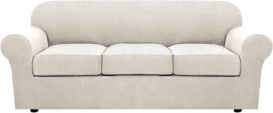 4 Piece Stretch Sofa Covers for 3 Cushion Couch Covers for Living Room Furniture Slipcovers (Base Cover plus 3 Seat Cushion Covers) Upgraded Thicker Jacquard Fabric (Sofa, Ivory)