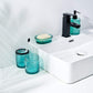 4Pcs Heavy Weight Decent Blue Glass Bathroom Accessories Set with Decorative Pressed Pattern - Includes Hand Soap Dispenser & Tumbler & Soap Dish & Toothbrush Holder (Teal Blue)