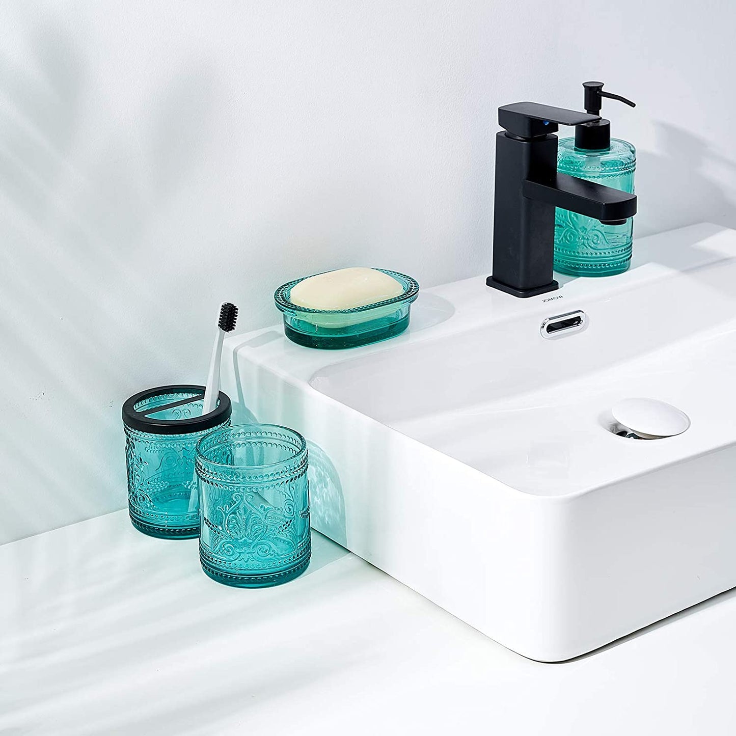 4Pcs Heavy Weight Decent Blue Glass Bathroom Accessories Set with Decorative Pressed Pattern - Includes Hand Soap Dispenser & Tumbler & Soap Dish & Toothbrush Holder (Teal Blue)