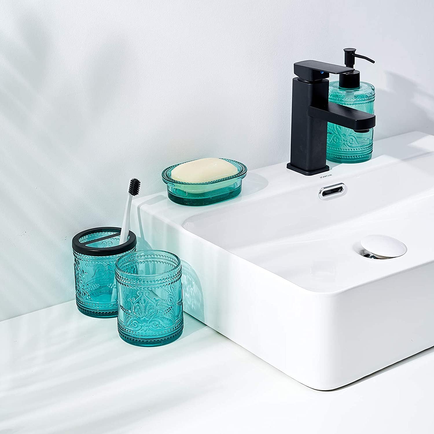 4Pcs Heavy Weight Decent Blue Glass Bathroom Accessories Set with Decorative Pressed Pattern - Includes Hand Soap Dispenser & Tumbler & Soap Dish & Toothbrush Holder (Teal Blue)