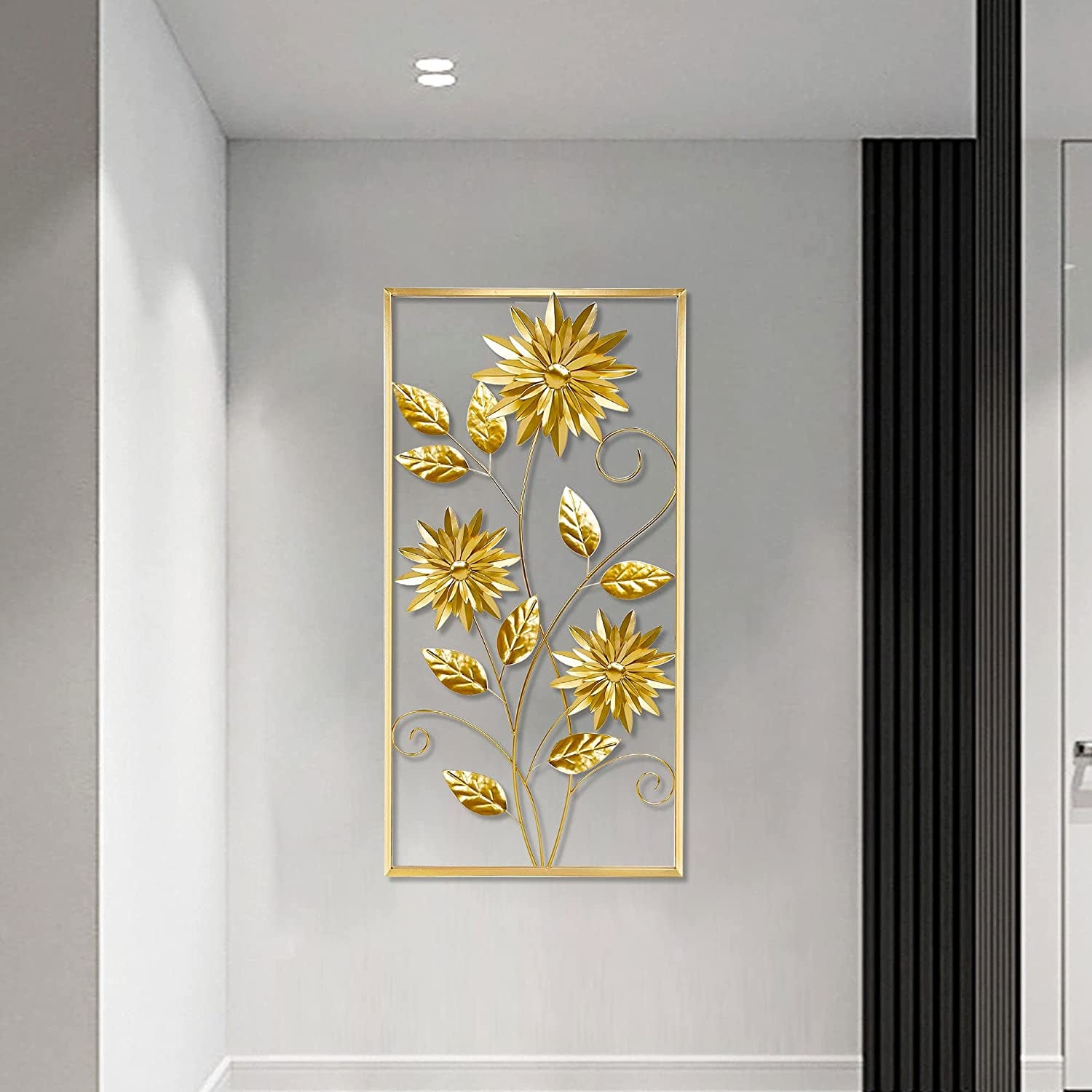 Gold Wall Sculptures, 39 Inch Golden Rectangular Metal Wall Decor with Frame, Gold Metal Flower Wall Art Sculpture for Living Room, Bedroom, Office, Study, Large (Golden-1 Pack)
