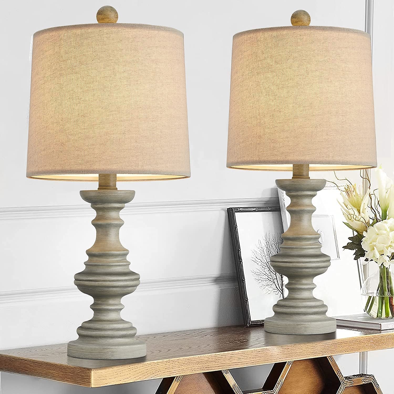 19.25" Traditional Table Lamp Sets of 2 for Living Room Bedroom Farmhouse Bedside Nightstand Lamp Rustic Resin Table Lamps Gray