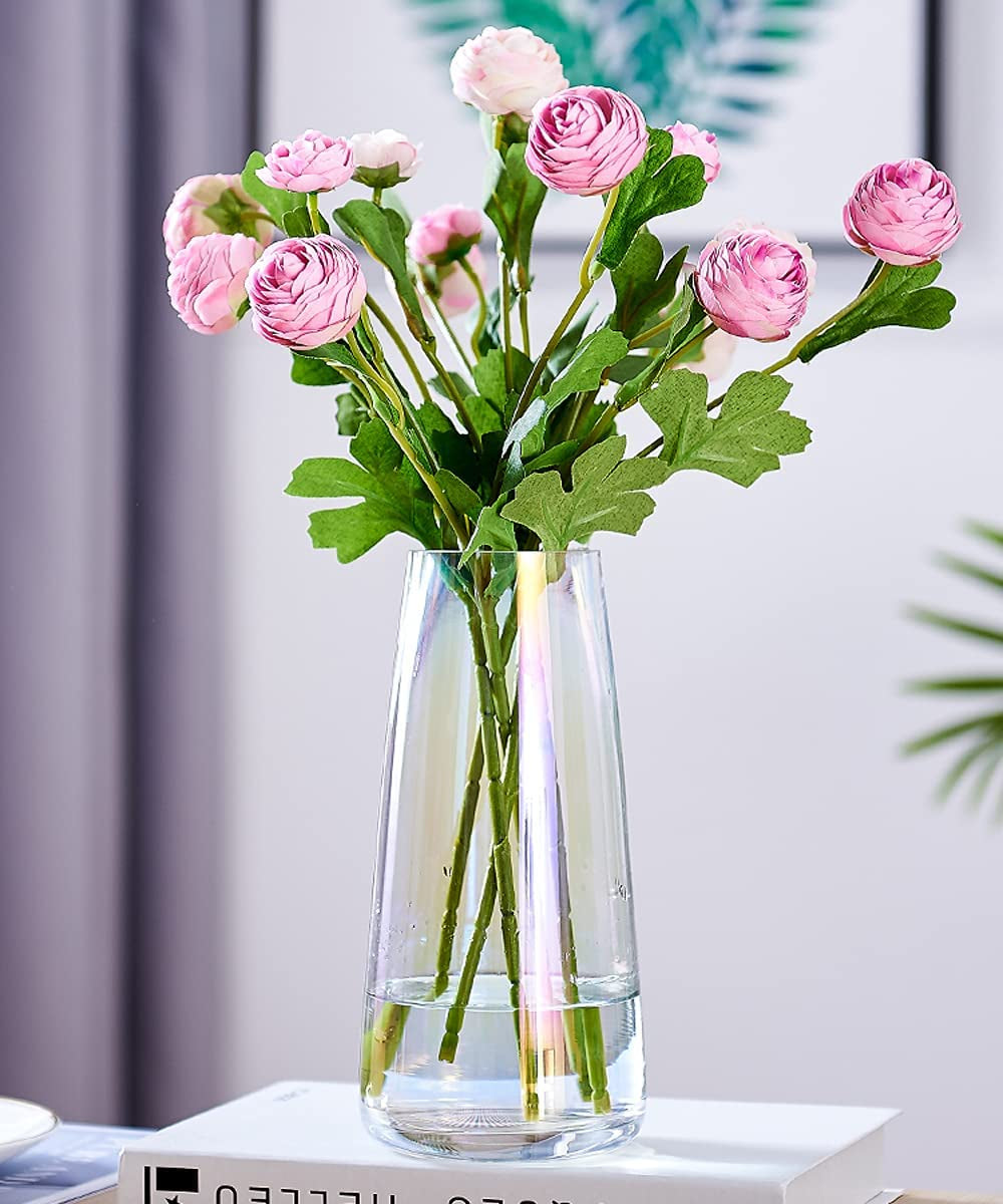 Flower Glass Vase for Decor Home Handmade Modern Large Flower Vases for Centerpieces Living Room Kitchen Office Wedding 8.7 Inch ( Iridescent Clear )