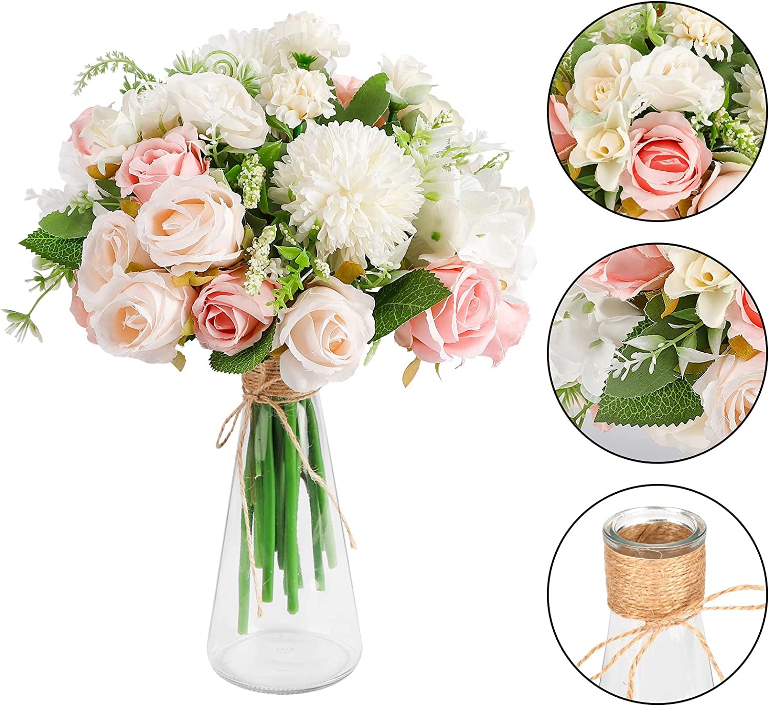 Fake Rose Flower Bouquet with Glass Vase Wedding Centerpiece Decor Artificial Rose Fake Flowers Faux Flower Arrangement for Home Office Decoration Dining Table Centerpiece Bridal Decor