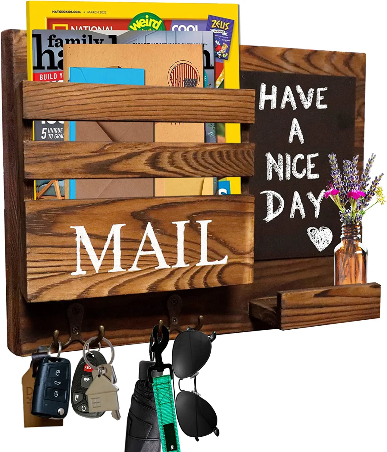 Key and Mail Holder for Wall with 2 Double Key Hooks with Black Board Floating Shelf Rustic Wood Decorative Hanger for Entryway, Storage, Living Room, Hallway, Kitchen (Dark Brown)
