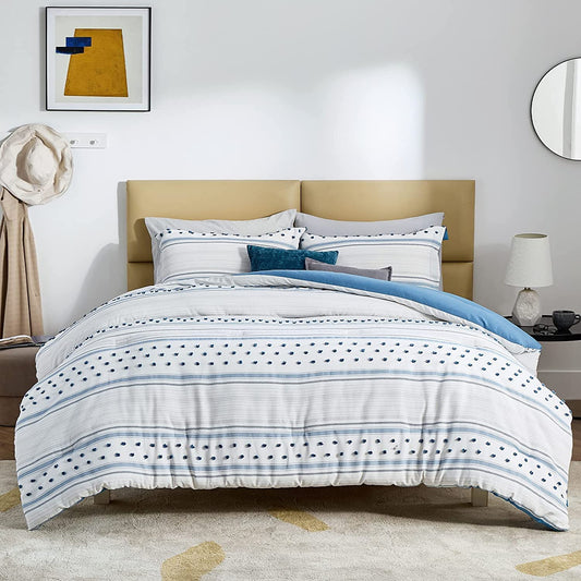 Bedsure Blue Twin Comforter Set - Boho Bedding Set , Reversible White Striped Tufted Farmhouse Twin Size Comforter Sets (68X88 Inches, 2 Pieces)