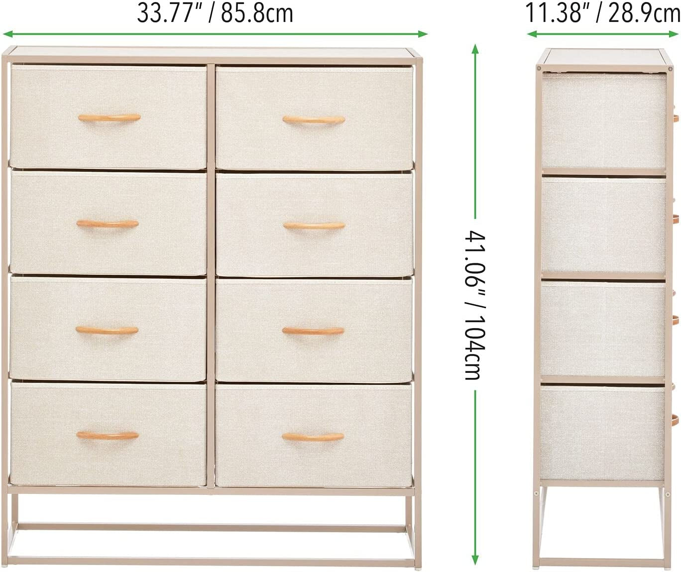 Wide Modern 8-Drawer Dresser Storage Unit, Sturdy Steel Frame, Wood Top, Easy-Pull Wood Handles/Fabric Bins, Organizer for Bedroom, Hallway, Entryway, Closet, Margo Collection, Cream/Gold