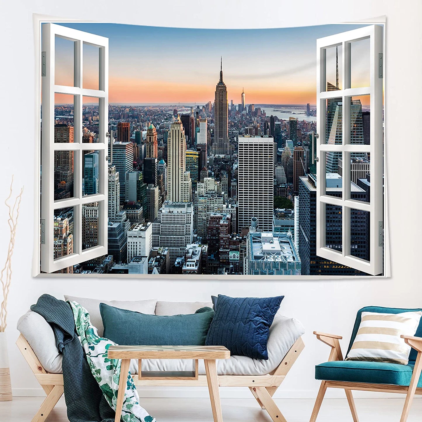 New York Window Tapestry 59Hx78W Inch Skyline City Cityscape Landscape Large Wall Hanging Bedroom Men Poster Backdrop Sunset Building Business Center Window Wall Art Living Room Dorm Decor Fabric