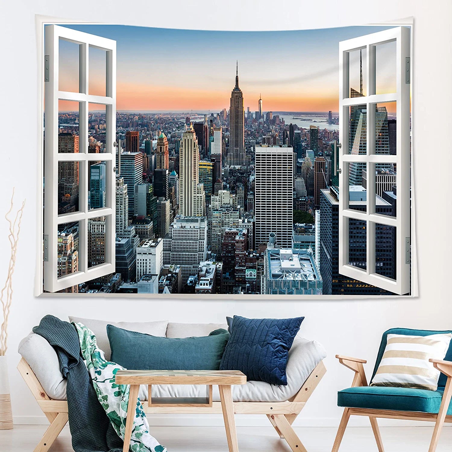 New York Window Tapestry 59Hx78W Inch Skyline City Cityscape Landscape Large Wall Hanging Bedroom Men Poster Backdrop Sunset Building Business Center Window Wall Art Living Room Dorm Decor Fabric
