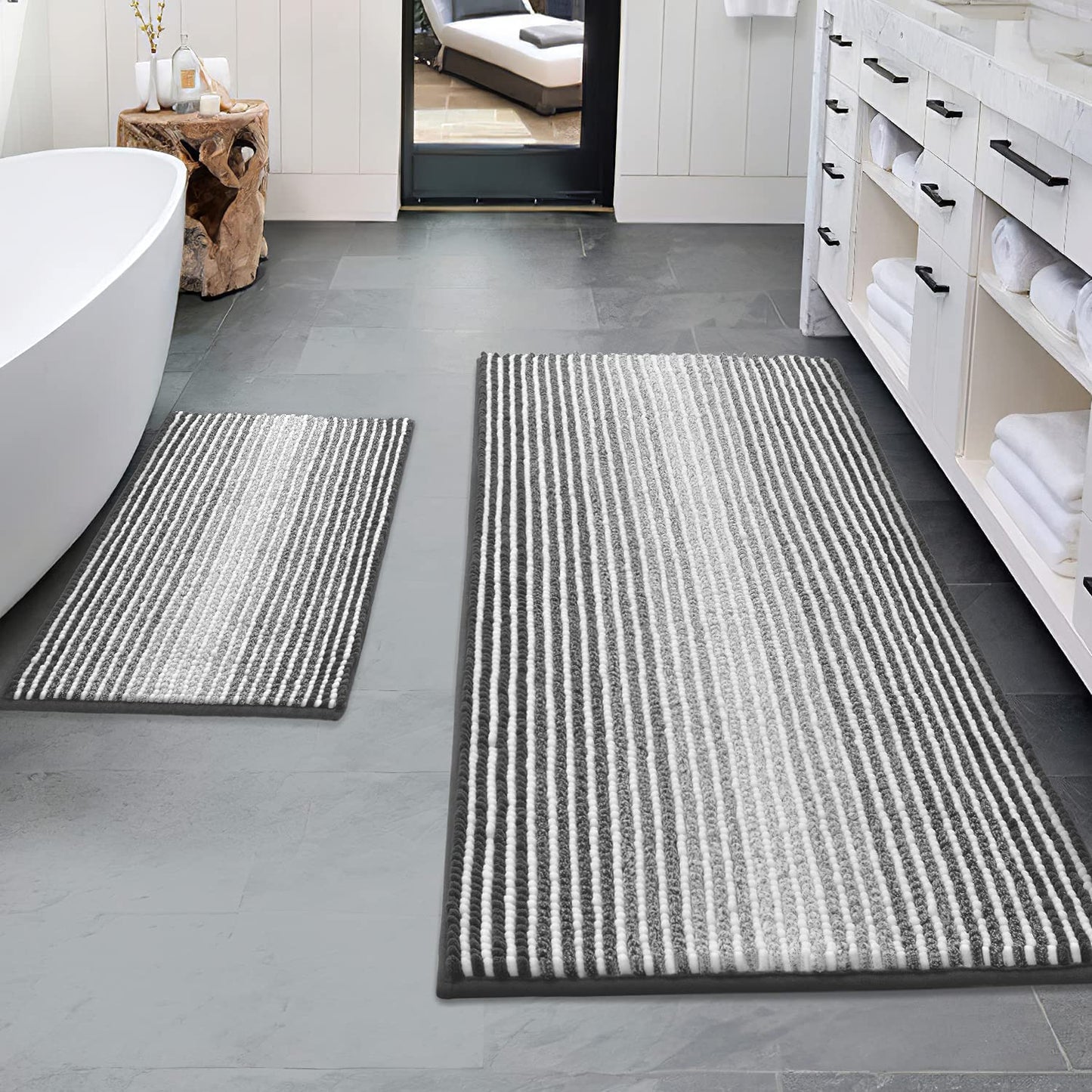Bathroom Rugs and Mats Sets, 2 Piece Thick Absorbent Chenille Bath Mat Rug Set Non Slip, Soft Shaggy Bath Room Floor Mats for Bathroom, Machine Washable (20" X 47" plus 16" X 24", Gray)