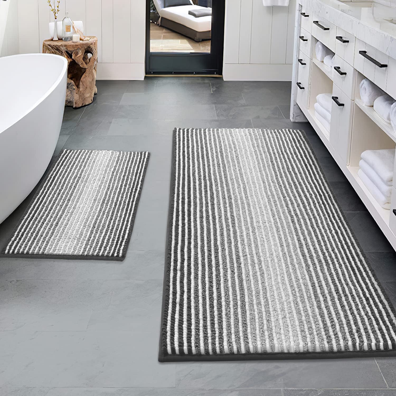 Bathroom Rugs and Mats Sets, 2 Piece Thick Absorbent Chenille Bath Mat Rug Set Non Slip, Soft Shaggy Bath Room Floor Mats for Bathroom, Machine Washable (20" X 47" plus 16" X 24", Gray)