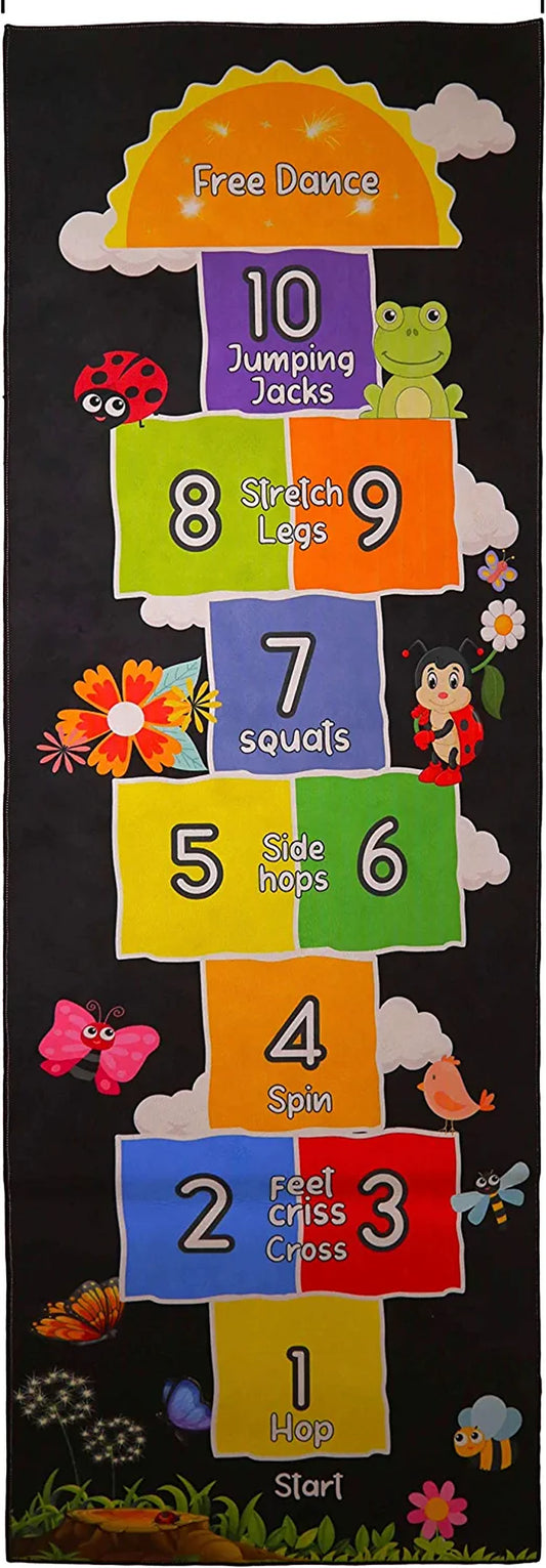 Hopscotch Rug - Kids Rug - Playroom Rug for Kids Room, Daycare, Nursery - Cute Indoor or Outdoor Play Carpet for Children - Fun, Educational Games for Boys & Girls (Black)