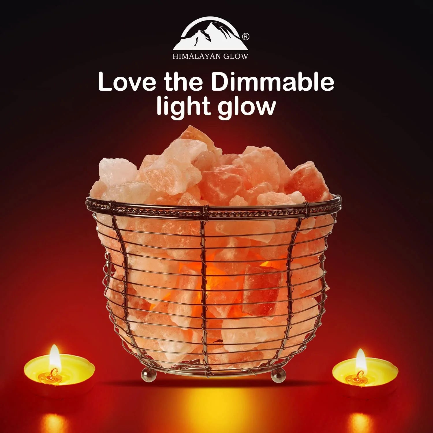 Natural Himalayan Salt Lamp, Tall round Metal Basket Lamp with Dimmer Switch | 8-10 Lbs
